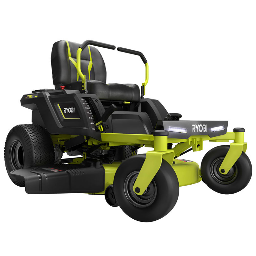 tondeuse autoportée ryobi ztr480ex à rayon de braquage zéro moteur électrique sur batterie 48v/100ah coupe de 107cm 2en1