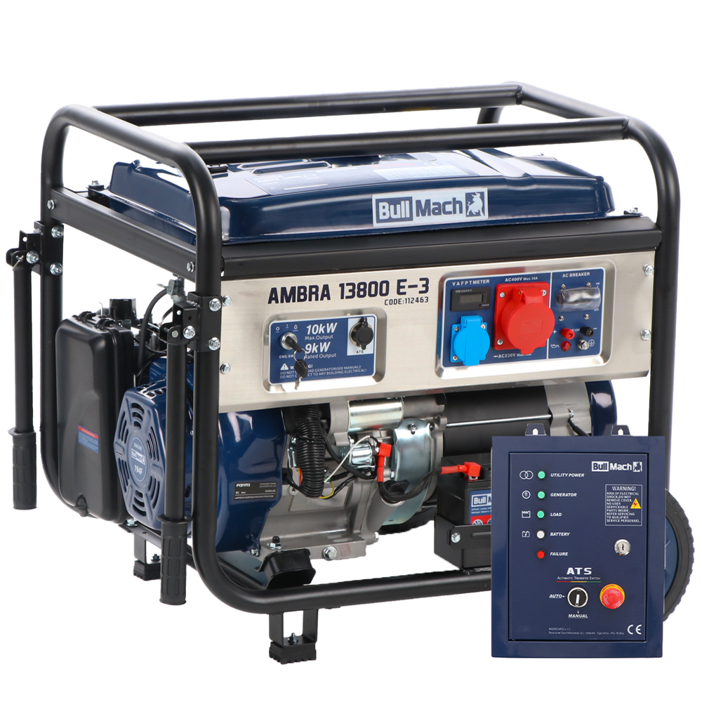bullmach ambra 13800 e 3 groupe électrogène sur chariot à essence avec avr 10 kw continue 9 kw triphasé + ats